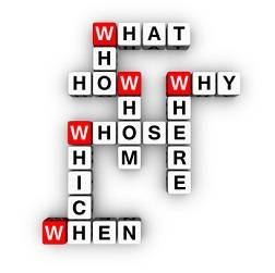 "Wh" questions on scrabble blocks: who, whose, what, when, where, why, which, & how.