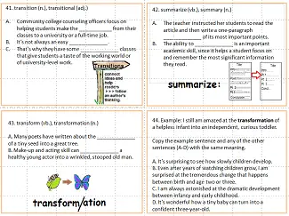 Four task cards to practice forms of 'transition', 'summarize',& 'transform.'The cards have fill-ins or multiple choice questions, and pictures representing the words.