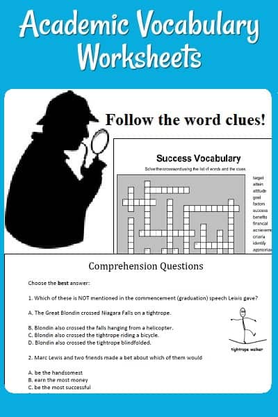 Academic Vocabulary Worksheets-- with a picture of Sherlock Holmes, part of a success vocabulary crossword, & part of a worksheet with comprehensions.
text: 'Follow the ord clues!'