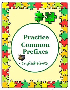 pdf cover: puzzle pieces surround the title "Practice Common Prefixes."