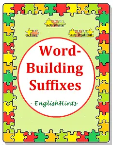 cover for the Word-Building Suffixes worksheet packet: title, puzzle pieces with 'act' plus 3 suffixes, and puzzle piece border.