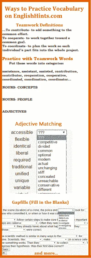 parts of 3 pages that show different ways to practice Academic Word List vocabulary on EnglishHints.com