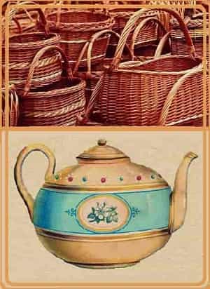 a collection of baskets and a Victorian teapot