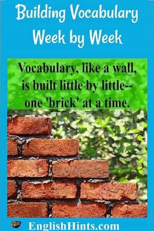 Building Vocabulary Week by Week: a partially built brick wall and the text 'Vocabulary, like a wall, is built little by little, one 'brick' at a time.'