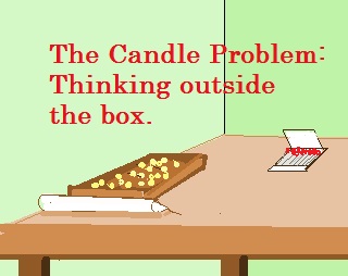 "The Candle Problem" shows a table with the materials for solving the candle problem: a candle, a box of tacks, and some matches, with the subtitle: "thinking outside the box."
