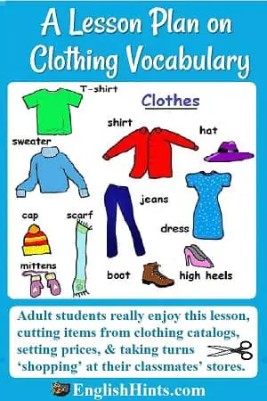 A detailed ESL Beginners’ lesson plan on clothing vocabulary & shopping. Student teams design clothing stores, plan inventory and prices, and 'sell' to other students. (+ labeled picture of clothing)