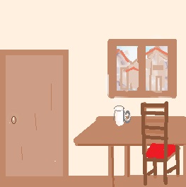 interior of an old coffee shop: door, window, table with chair, table, and a mug.