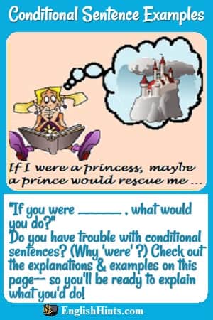 Picture of a girl reading a book & imagining a castle. thinking "If I were a princess, maybe a prince would rescue me..." + "Check out the explanations & examples..." (to understand conditionals.)