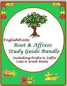 Green pdf cover with colored puzzle pieces, some with words from Greek roots. Circle with text: 'EnglishHints Root & Affixes Study Guide Bundle including Prefix & Suffix Lists & Greek Roots