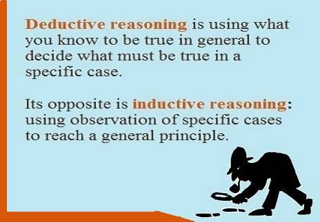 Definitions of deductive and inductive reasoning with silhouette of Sherlock Holmes following footprints.