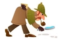 A detective like Sherlock Holmes using a magnifying glass to follow a trail of footprints