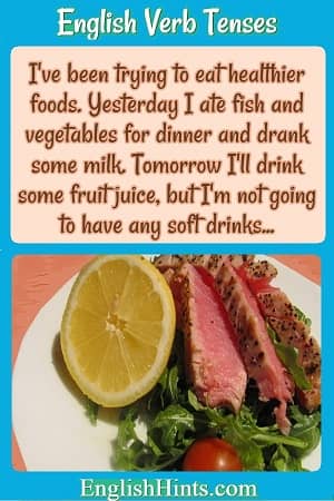 Picture of a plate with fish and vegetables, along with a story using the most common tenses: 'I've been trying to eat healthier foods. I've eaten...

I ate...tomorrow I will drink...' etc.