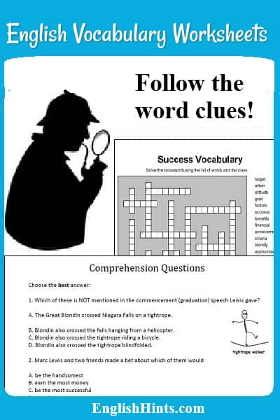 English Vocabulary Worksheets (with a picture of Sherlock Holmes and a crossword puzzle and the message 'Follow rhe word clues.'