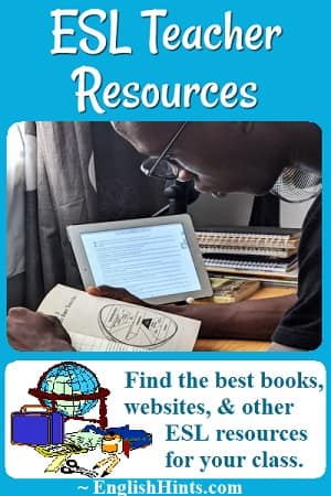 Photo of a teacher studying a book, and drawing of a globe, tape, scissors, and other supplies: 'Find the best books, websites, & other ESL resources for your class.'