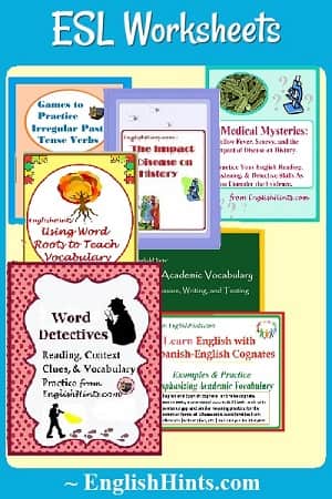 cover pictures for some ESL Worksheet pdfs: a games packet, The Impact of Disease, Medical Mysteries, Word Roots, Basic Academic Vocabulary, Word Detective, & Learn English with ...Cognates