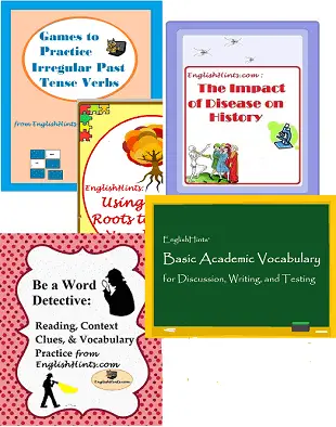 covers of several of the inexpensive ESL worksheet and lesson plan packets for sale on EnglishHints