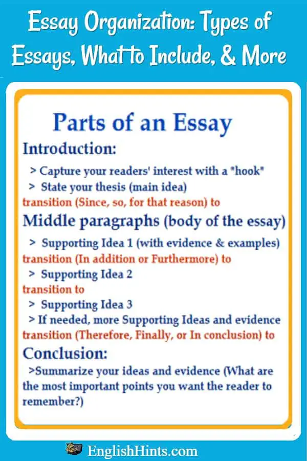 The parts of an essay (how it's organized): introduction, body paragraphs with supporting ideas and evidence, transitions, and conclusion.
