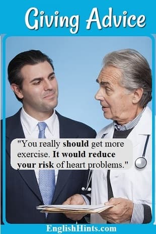 Doctor talking to a man in a suit. 'You really should get more exercise. It would reduce your risk of heart problems.'