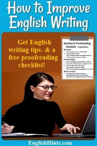 Photo of a woman writing next to her computer. Picture of a Revision & Proofreading Checklist pdf cover, & text: 'get monthly writing tips -- & a free revision checklist now!'