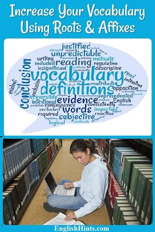 a word cloud showing English vocabulary, especially words made from roots & suffixes, plus a photo of a lady reading & taking notes on a computer in a library