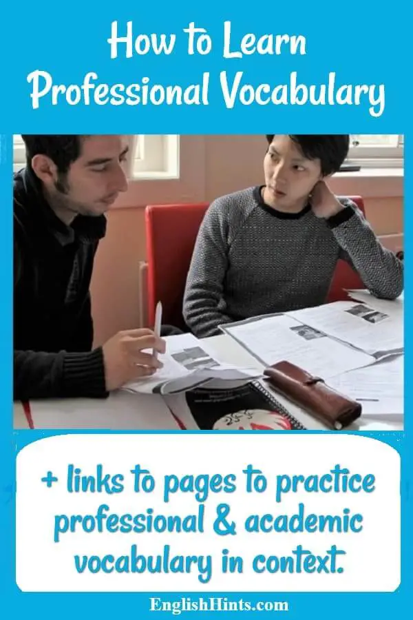 2 people studying professional vocabulary together, with a note that the page also has links to pages to practice professional & academic vocabulary in context