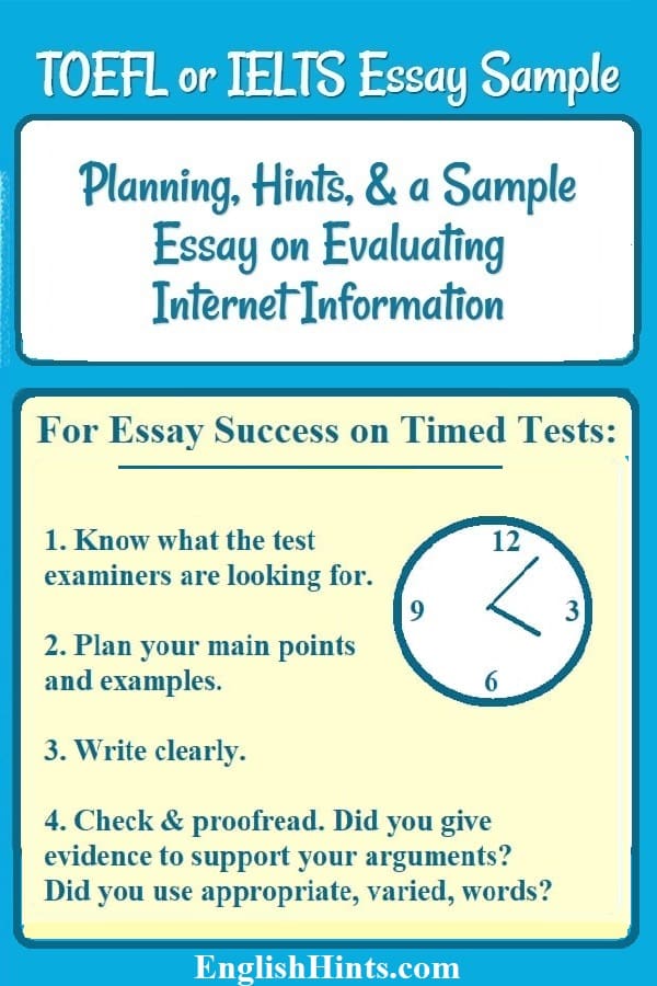 A clock & IELTS essay hints: 
1 Know what test examiners are looking for.
2 Plan your essay points & examples.
3 Write clearly.
4 Check: Did you support your arguments & use appropriate, varied words?