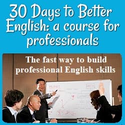 People around a conference table looking at a man giving a presentation. Text: 'The fast way to build professional English skills.'