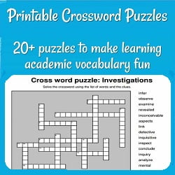 A picture of a crossword puzzle, and text: 'Printable Classroom Puzzles: 20+ puzzles to make learning academic vocabulary fun.'