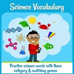 A young scientist with goggles surrounded by symbols of the sciences (DNA, the sun, a crab, a test tube, model of an atom, etc.)
'Practice science words with these vocabulary & matching games.'