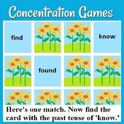 Concentration Games: a grid of cards with sunflower backs & 3 turned over: the matching 'find' & 'found' plus 'know'. Text: 'Here's one match. Now find the card with the past tense of know.'