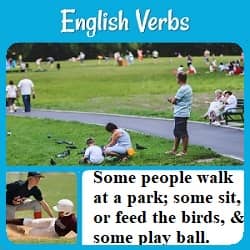 Photo of people in a park: 'Some people walk at a park; some sit, or feed the birds, & some play ball.'