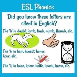 Did you know these letters are silent in English? The 'b' in lamb, thumb (both pictured), etc. The 'h' in 'heir, hour, etc., the 'k' in knife, knock, etc. (a knife & an hourglass pictured.)