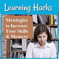 Young woman studying in a library.
Text: Strategies to improve your skills & memory.