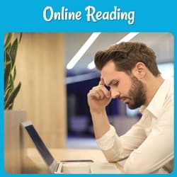 Online Reading, with a photo of a man reading on his computer