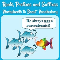 Roots, Prefixes, & Suffixes Worksheets to Boost Vocabulary
4 fish, 3 similar fish swimming together & one swimming the opposite direction. One says, 'He always was a nonconformist.'