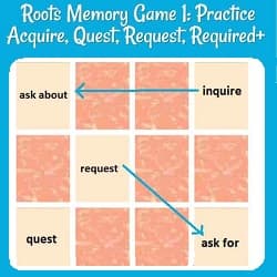 title plus a picture of memory game cards, with 5 turned over: 2 pairs (inquire = ask about, &  request = ask for) plus one single card:  quest.