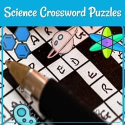 Picture of a crossword puzzle with some words completed, a pen, and some science symbols.