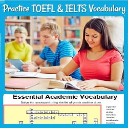 Several students studying in a library, with part of a crossword puzzle  'Practice TOEFL & IELTS Vocabulary' This image is a link to the page.