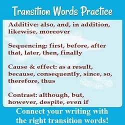 Transition Words Practice Transition word examples (Additive: also, and..., Sequencing: first, finally +, Cause & Effect: because +, Contrast: although, but, etc.) 'Connect your writing with the right transition words!'
