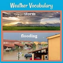 title (Weather Vocabulary) & labeled pictures of a storm and flooding.