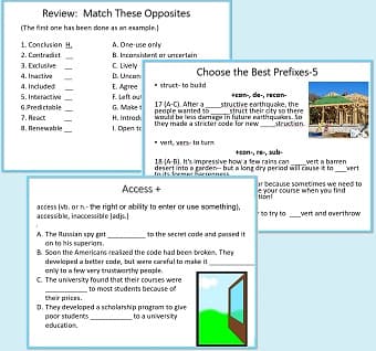 3 sample pages: a matching exercise, a page from 'Choose the Best Prefix,' & a page to practice forms of access (accessible, etc.)