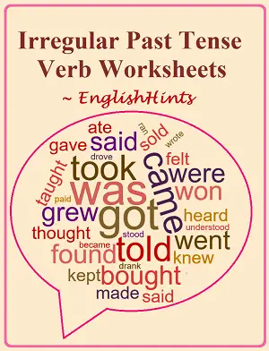 The title followed by a word cloud with irregular past tense verbs (took was, got, came, told, etc.) in various colors