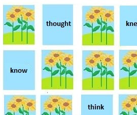 demonstration of part of irregular verb memory game 3 layout showing the fronts of cards for 'think' and 'thought', 'know' and 'knew.'