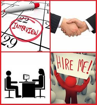 4 pictures related to job interviews: a scheduled interview on a calendar, a handshake, the interview itself, and the interviewee's feeling (a big sign saying "hire me!")