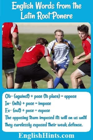 A soccer game with text showing 3 prefix meanings combined with the root 'pose' (to place) & 'The opposing team imposed its will on us until they carelessly exposed their weak defense.'