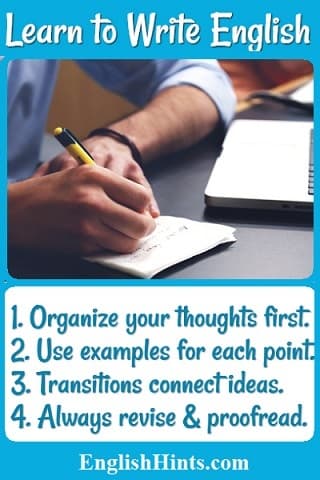 Man writing with a pencil next to a computer. 
Text: '1. Organize your thoughts first. 
2. Use examples for each point. 
3. Transitions connect ideas. 
4. Always revise & proofread.'