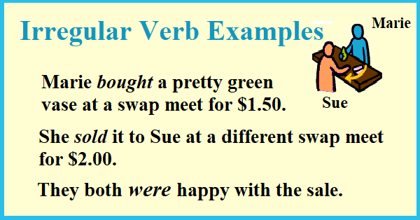 Irregular verb examples: Marie bought a vase...She sold it to Sue...
They were both happy."