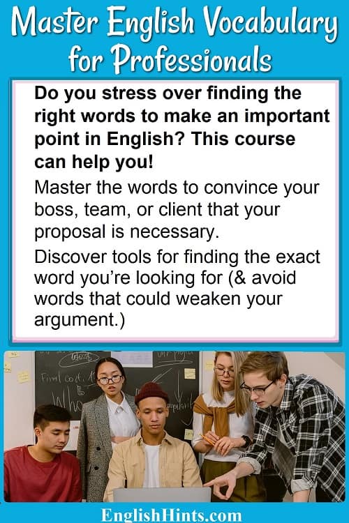 Information about the Master English Vocabulary course's benefits, plus a photo of a work team discussing a computer document.