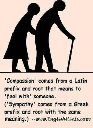 Silhouette of an older couple, man with a cane and a woman supporting him, with a discussion of the meanings of compassion and sympathy-- feeling with another.