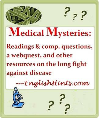 cover of the Medical Mysteries readings, worksheets, and webquest packet, with title, question marks, and pictures of bacteria & a microscope